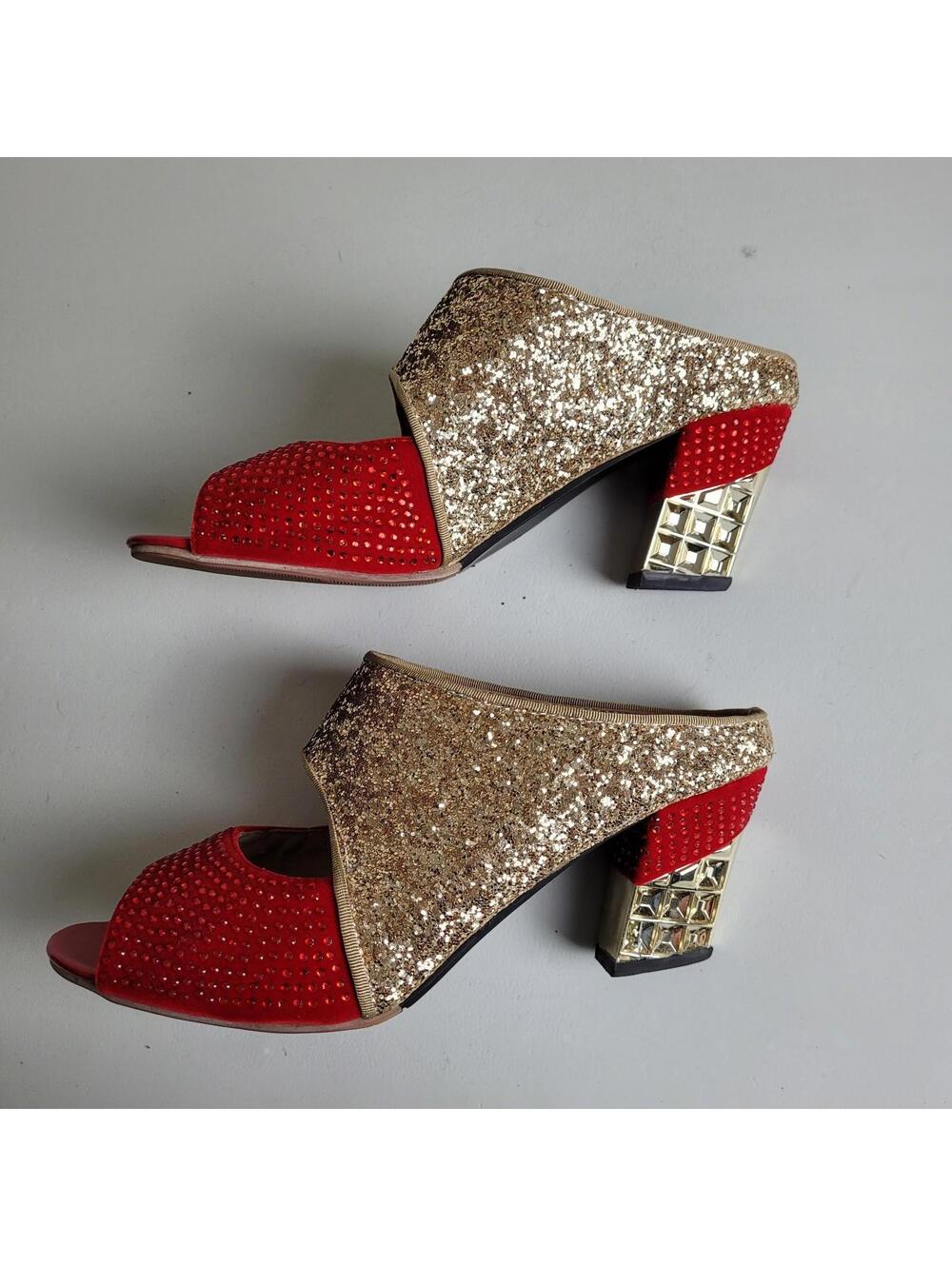 Sparkly Red Gold Women's Shoes Size 10 Slip On Novelty Triangular Heels